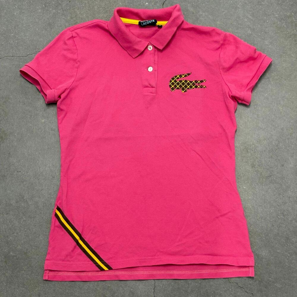 Lacoste Pink Short Sleeve Polo with Yellow & Black Croc and Hem Stripe